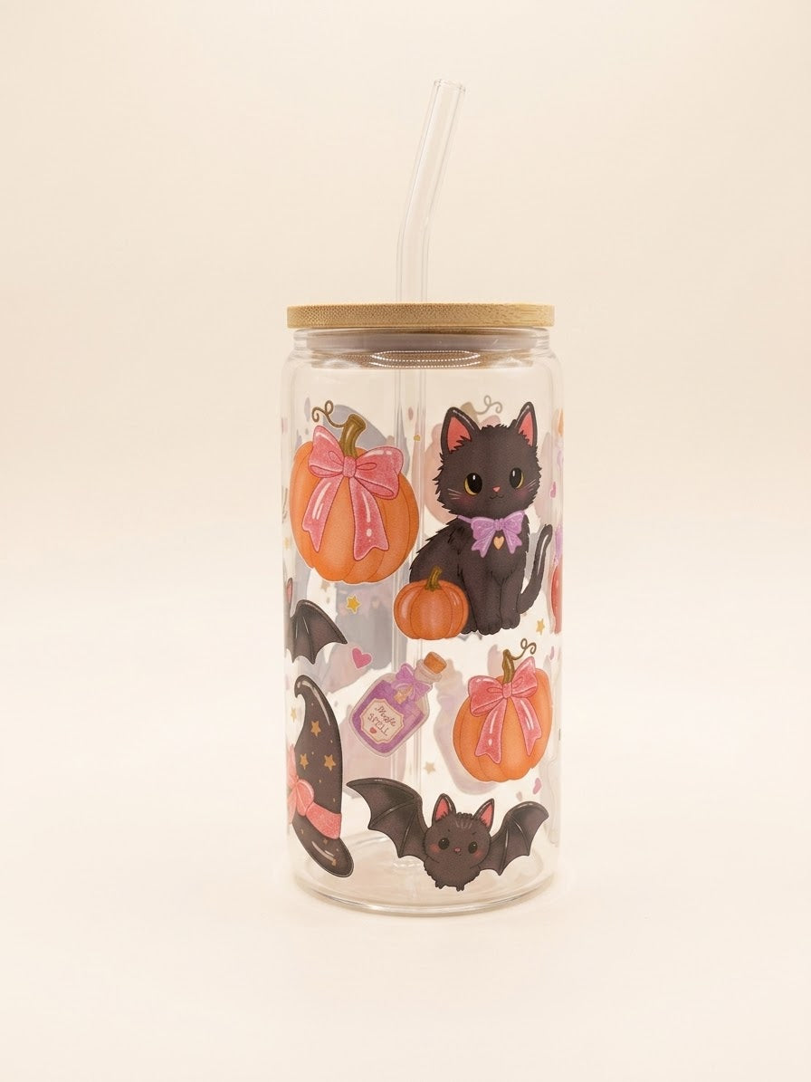 Halloween glazen drinkbeker met rietje en bamboe deksel