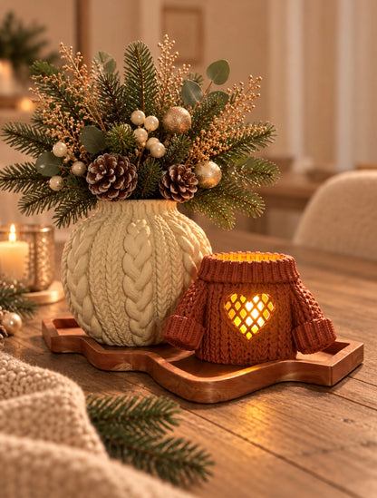 Luxe kerstdecoratieset met trui-theelichthouder en vaas