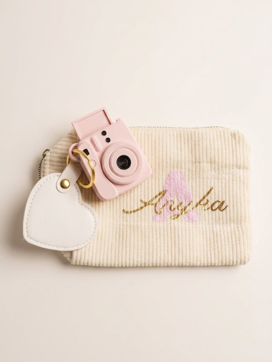 Gepersonaliseerde Gift Set – Ribfluwelen Etui met Initiaal & Naamsopdruk + Instax Camera & Hart Hanger