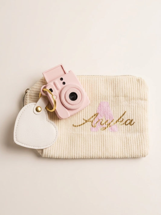 Gepersonaliseerde Gift Set – Ribfluwelen Etui met Initiaal & Naamsopdruk + Instax Camera & Hart Hanger