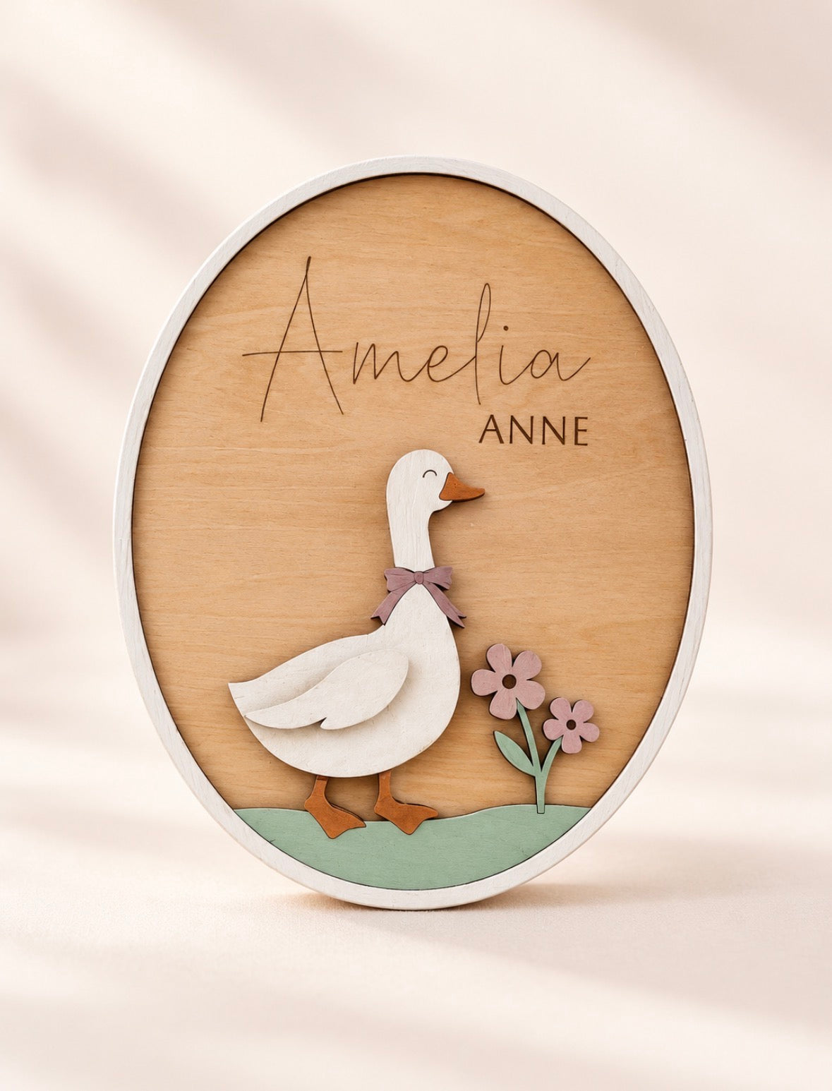Gepersonaliseerd houten geboortebordje met gansje - Woodland