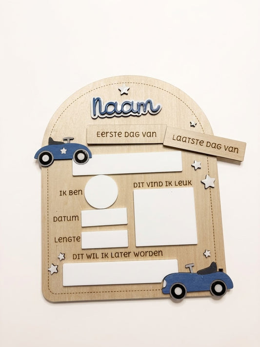 Gepersonaliseerd Houten Mijlpaalbord – Eerste & Laatste Schooldag - Vintage auto