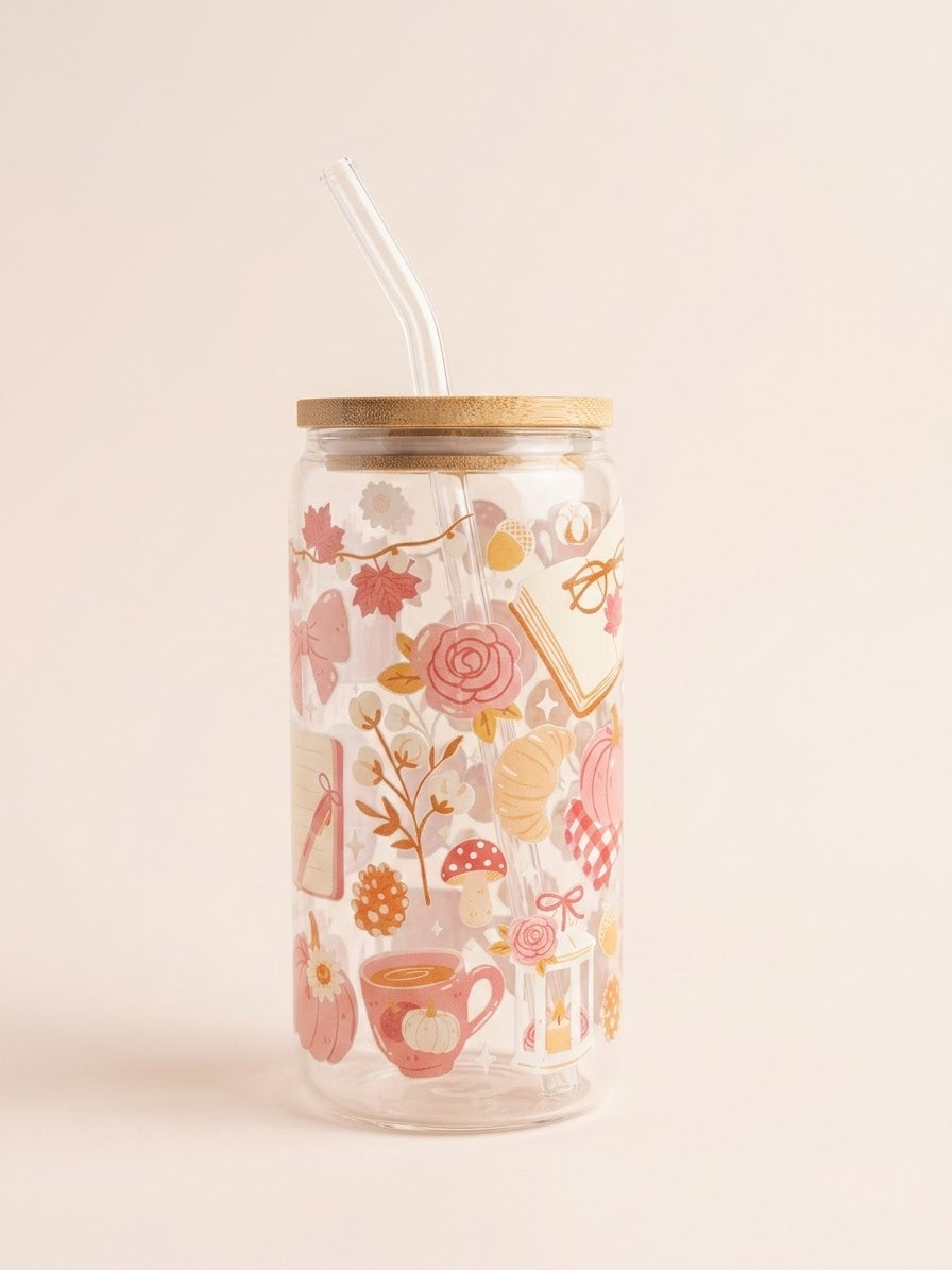 Cozy fall Glazen drinkbeker met rietje & bamboe deksel